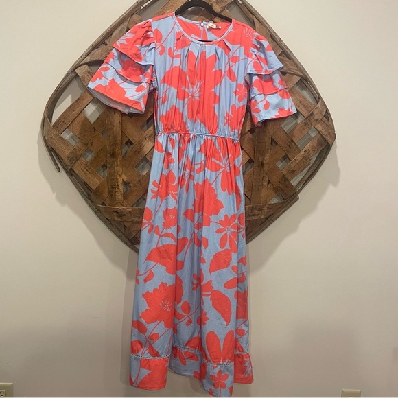 Maude Vivante 100% Cotton Floral Maxi Dress Light Blue and Bright Coral Size L - Picture 1 of 11